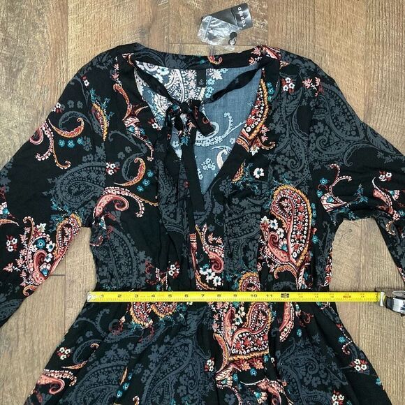 Torrid Midi Challis Skater Paisley V-neck Long Sleeve Black Dress sz 0 / L / 12 - Picture 7 of 10